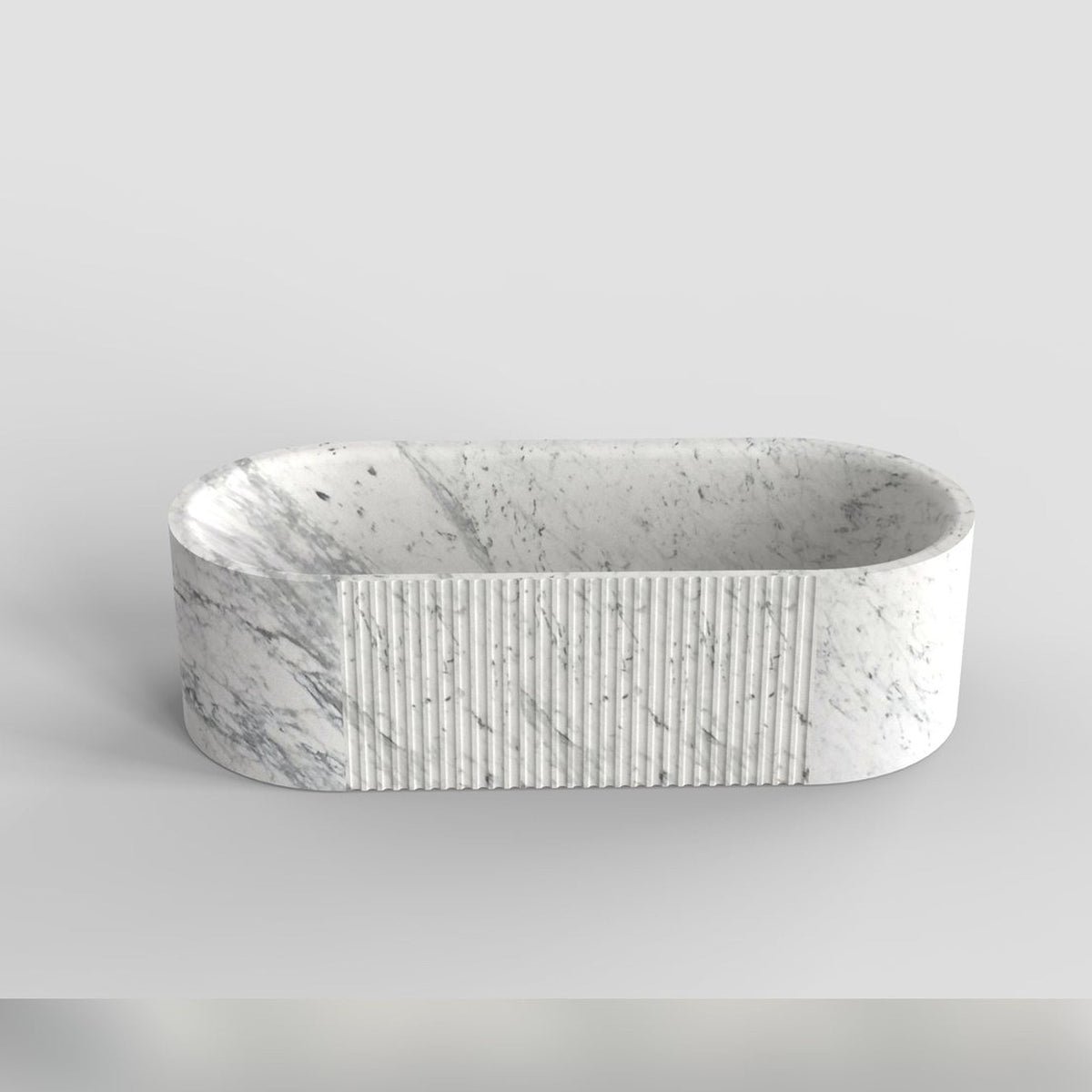Rivara BT-137A Carrara White Marble fluted bathtub, full-frame second design rendering