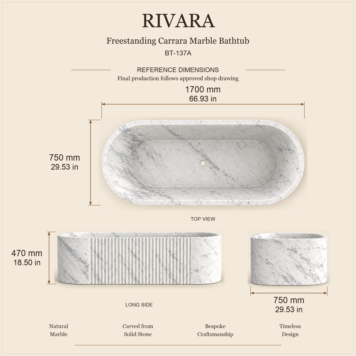 Rivara BT-137A Carrara Marble bathtub dimensions: 1700 x 750 x 470 mm (66.93 x 29.53 x 18.50 in), top, long side and end views.