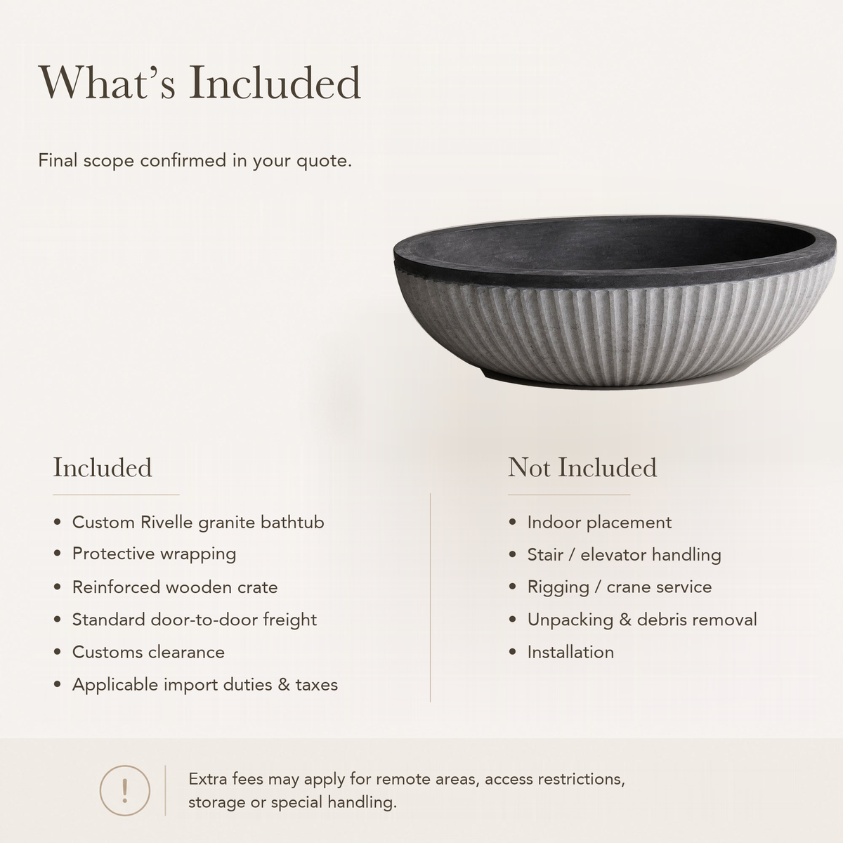 Rivelle Freestanding Fluted Black Granite Soaking Bathtub — What’s Included in the Reference Price.