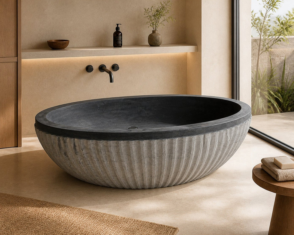 Rivelle BT-039A Midnight Black Granite bathtub, complete styled bathroom view 1; original silhouette and finish preserved