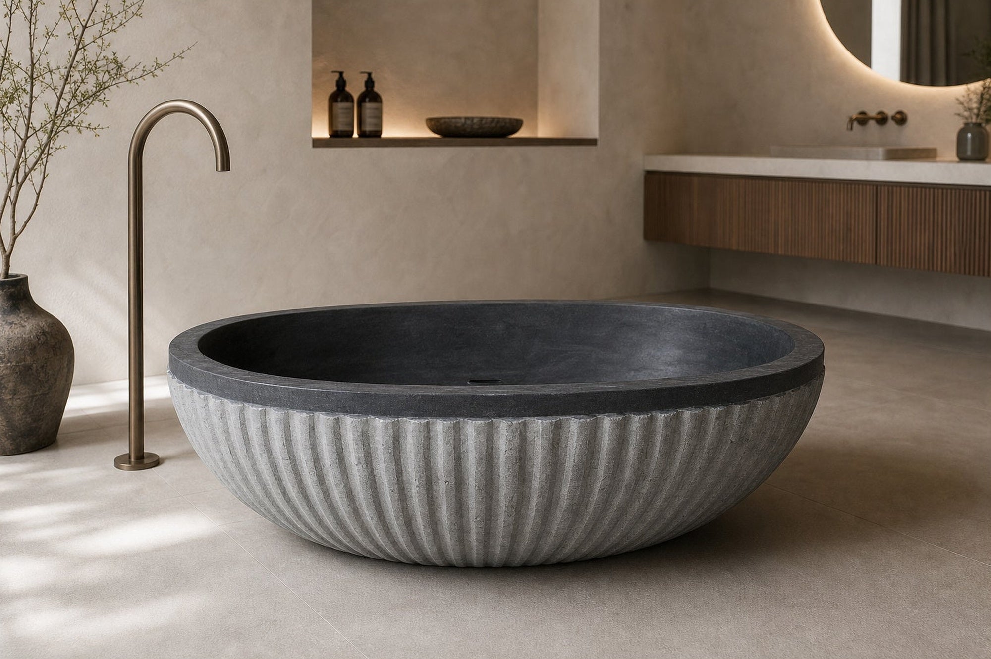 Rivelle BT-039A Midnight Black Granite bathtub, complete styled bathroom view 2; original silhouette and finish preserved