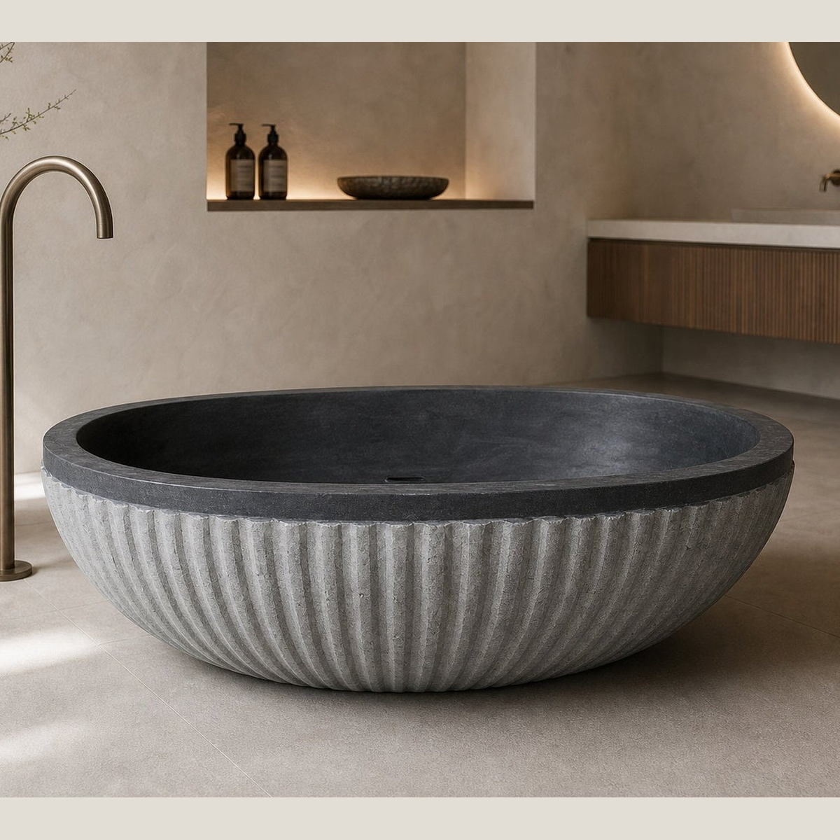 Rivelle BT-039A Midnight Black Granite bathtub, complete styled bathroom view 2; original silhouette and finish preserved
