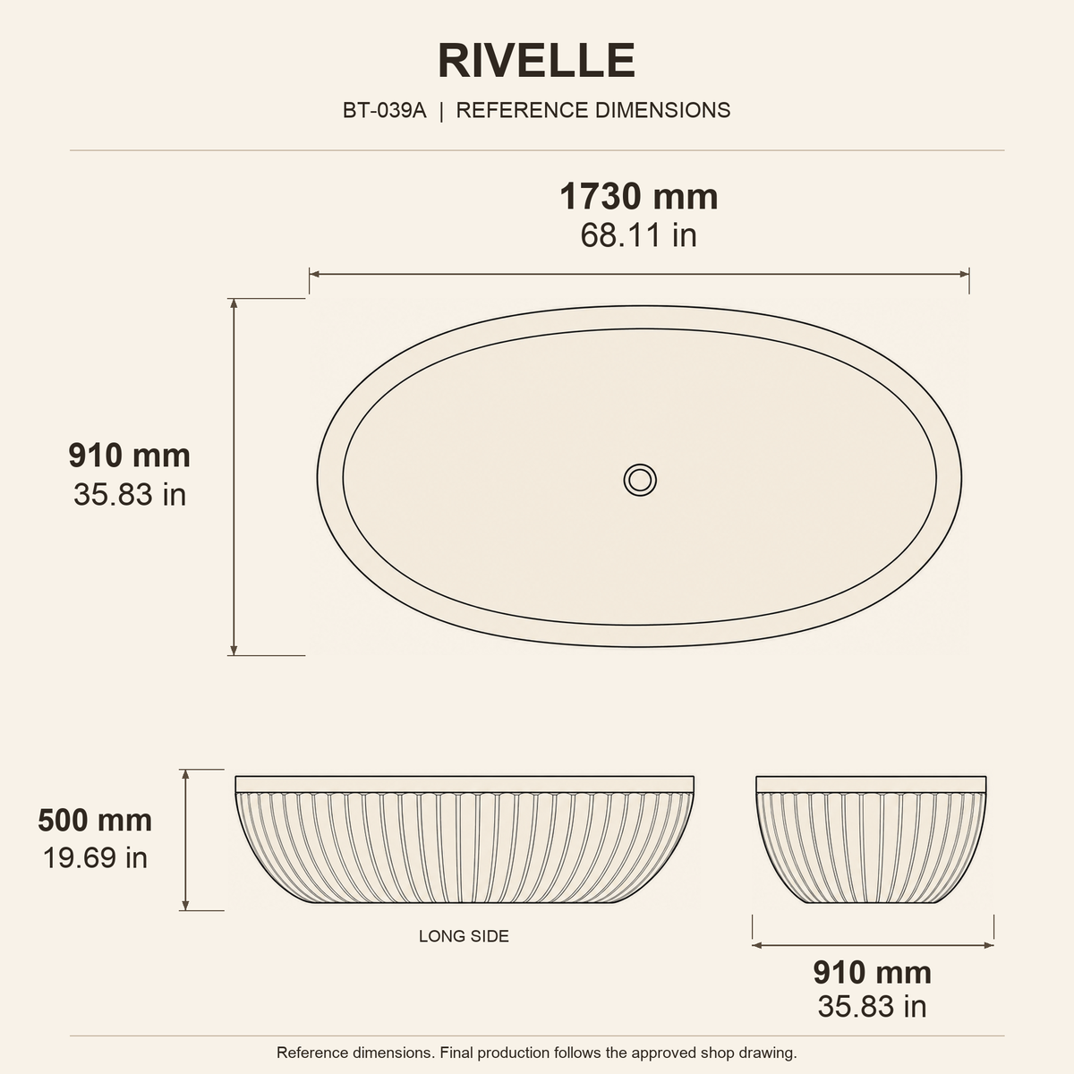 Rivelle Freestanding Fluted Black Granite Soaking Bathtub reference dimension drawing with top, long-side and short-end views, measurements in millimetres and inches.