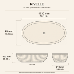 Rivelle Freestanding Fluted Black Granite Soaking Bathtub reference dimension drawing with top, long-side and short-end views, measurements in millimetres and inches.