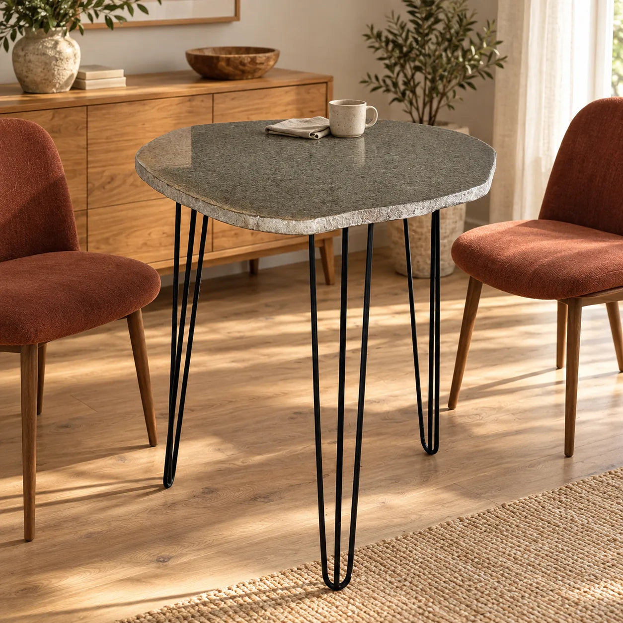 RiverStone natural river stone dining table with black iron hairpin legs in a warm home dining room