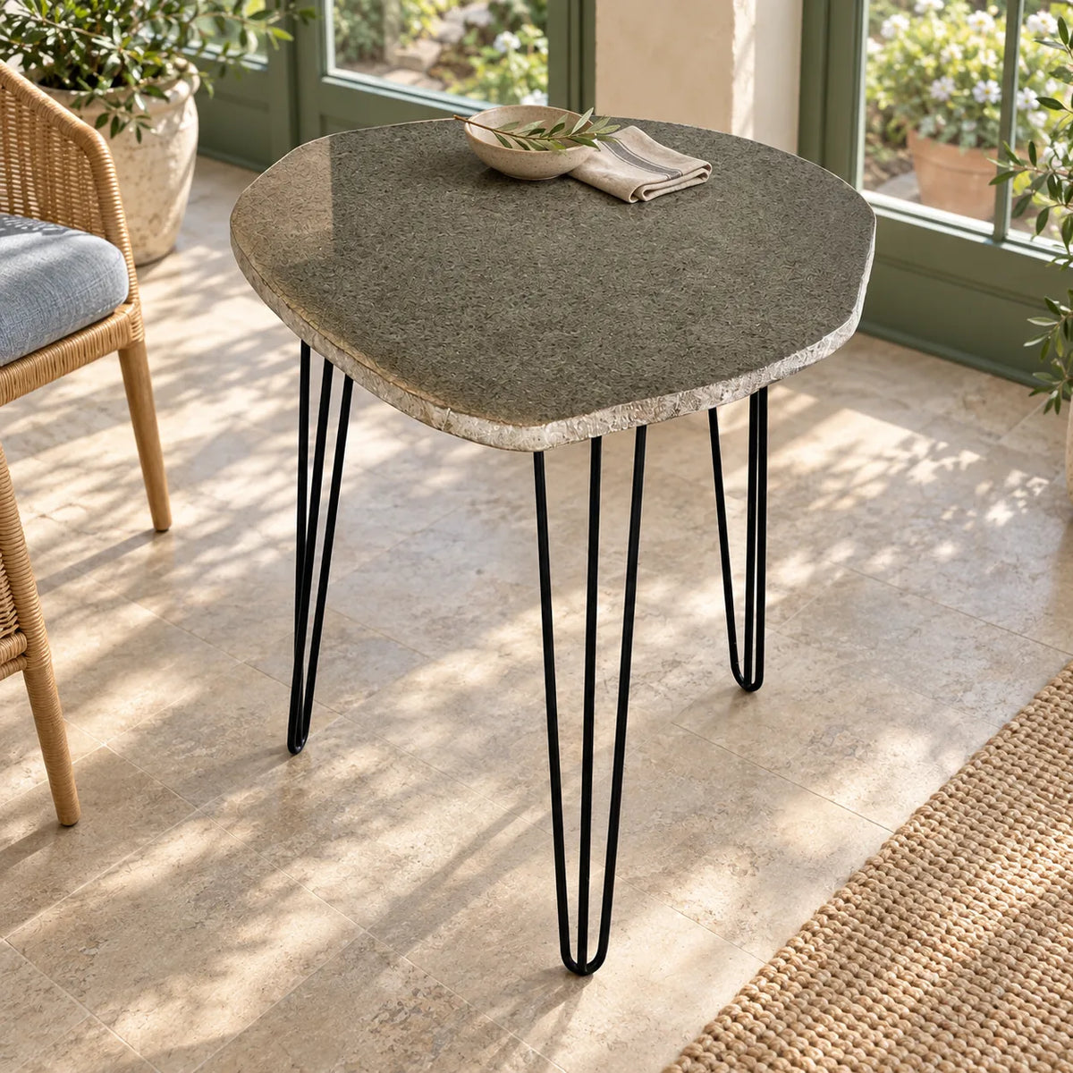 RiverStone natural river stone dining table with three black iron hairpin supports in a light-filled sunroom