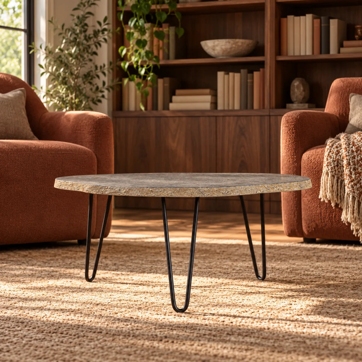 Low front view of the RiverStone Yellow River Stone coffee table in a terracotta-chair reading nook, with its thin natural edge and black hairpin supports visible