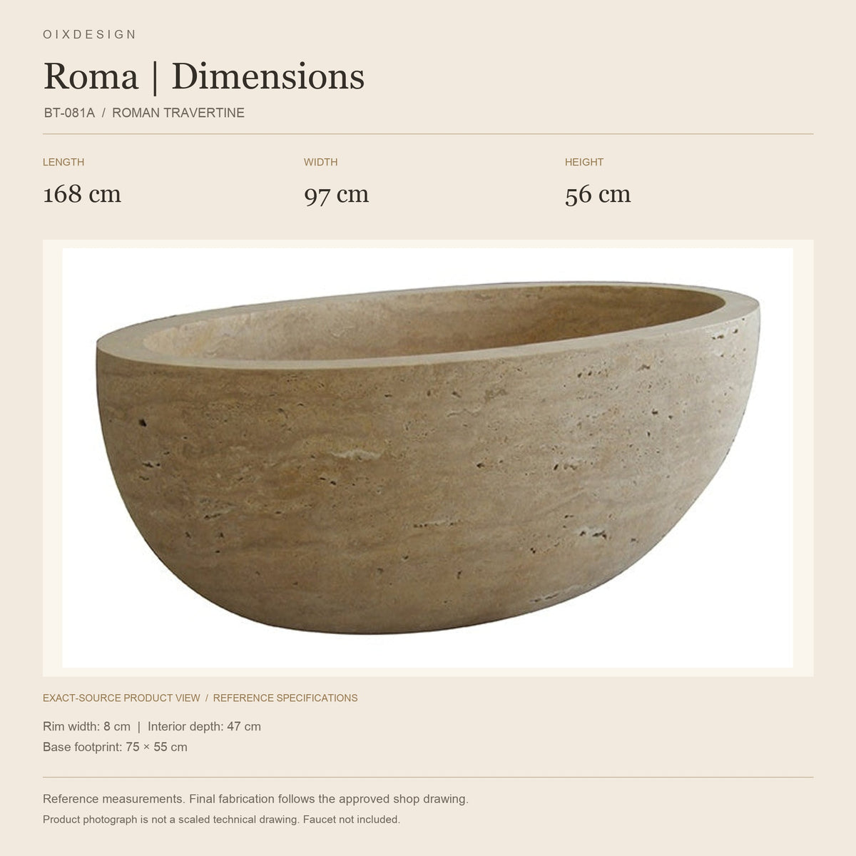 Roma BT-081A Roman Travertine bathtub reference dimensions: length 168 cm, width 97 cm, height 56 cm; actual-source product image in a warm ivory specification layout