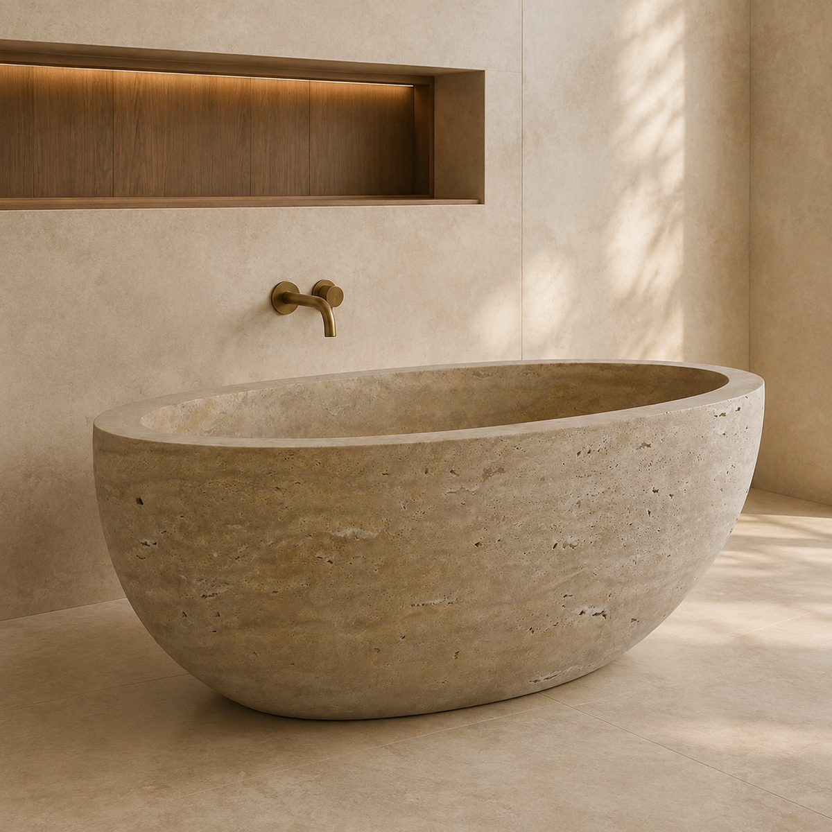 Roma BT-081A Roman Travertine bathtub in a complete warm architectural bathroom styled visualization, based on the exact product reference; not a completed client installation