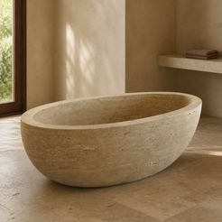 Roma BT-081A Roman Travertine bathtub in a complete complementary daylight spa styled visualization, based on the exact product reference; not a completed client installation