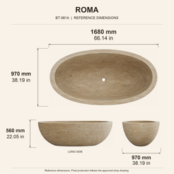 ROMA Roman Travertine Freestanding Soaking Bathtub reference dimension drawing with top, long-side and short-end views, measurements in millimetres and inches.