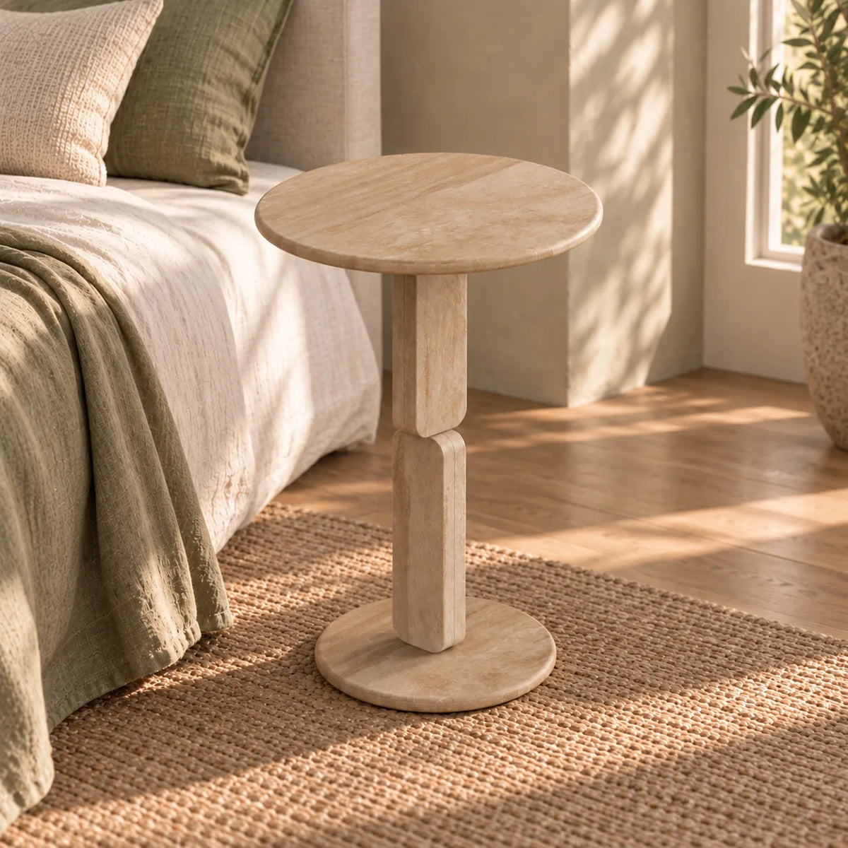 RoundGeo Italian Classico travertine side table beside a linen bed, shown from a moderate front-quarter view