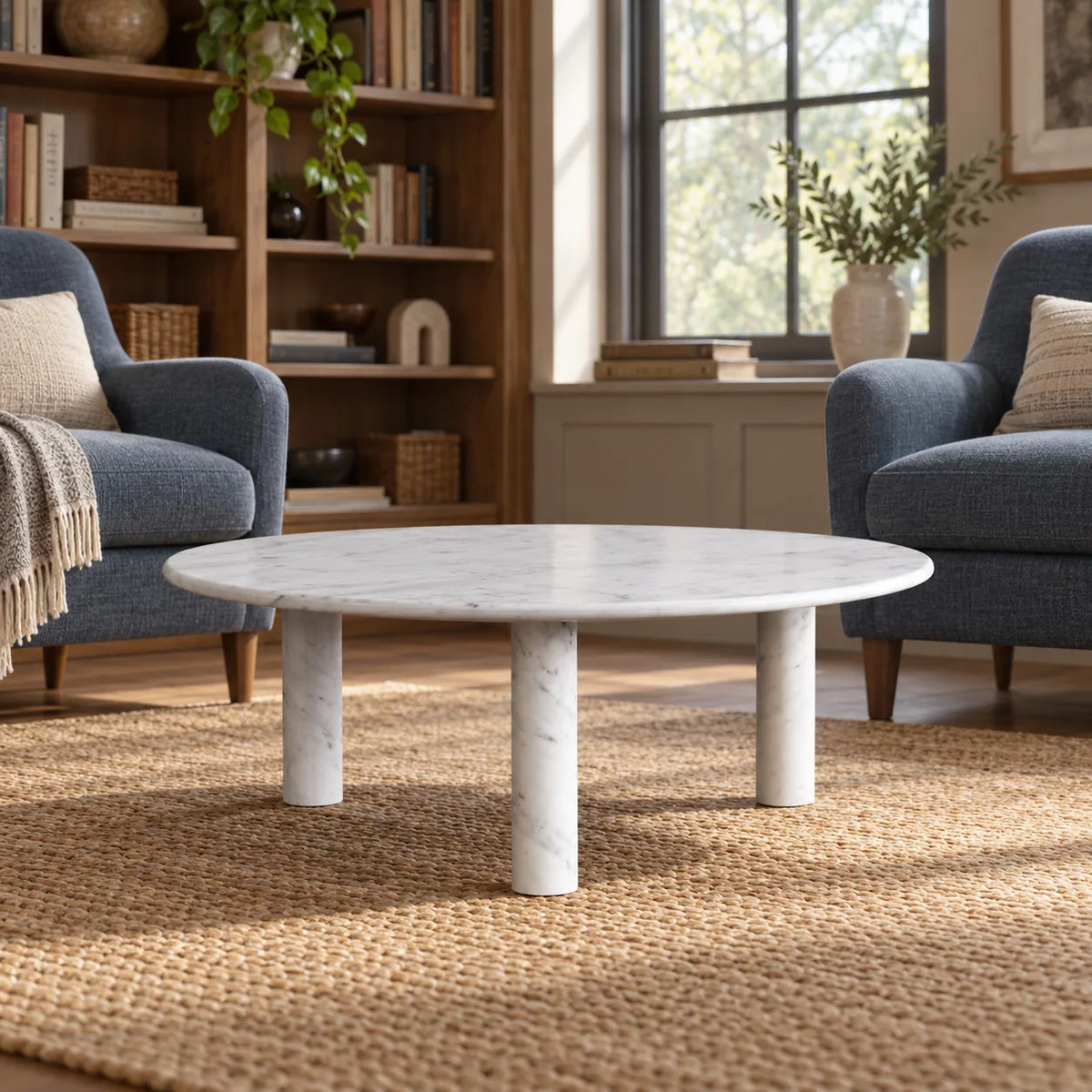 RoundHaven Carrara marble coffee table shown from a low angle in a home library lounge.