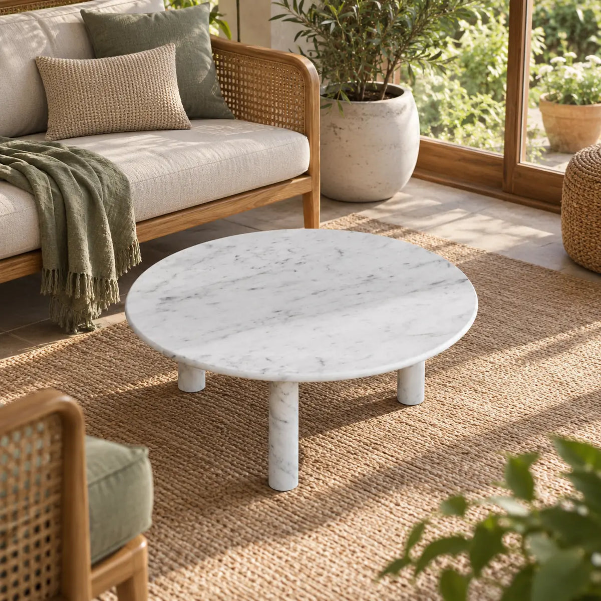 RoundHaven Carrara marble coffee table viewed from an elevated angle in a garden-facing sunroom.