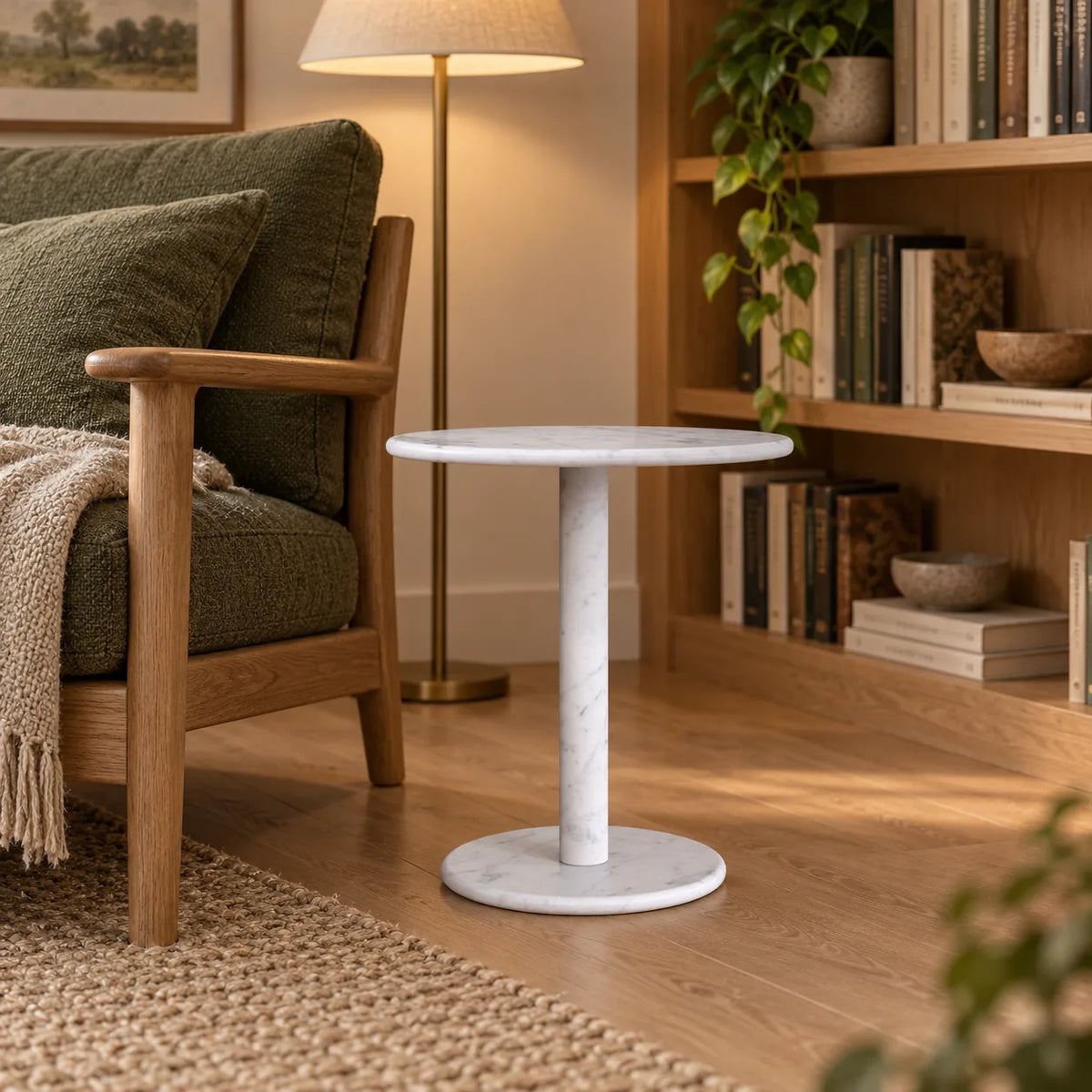 RoundHaven Carrara marble Standard side table beside an oak reading chair, shown from a low front-quarter view