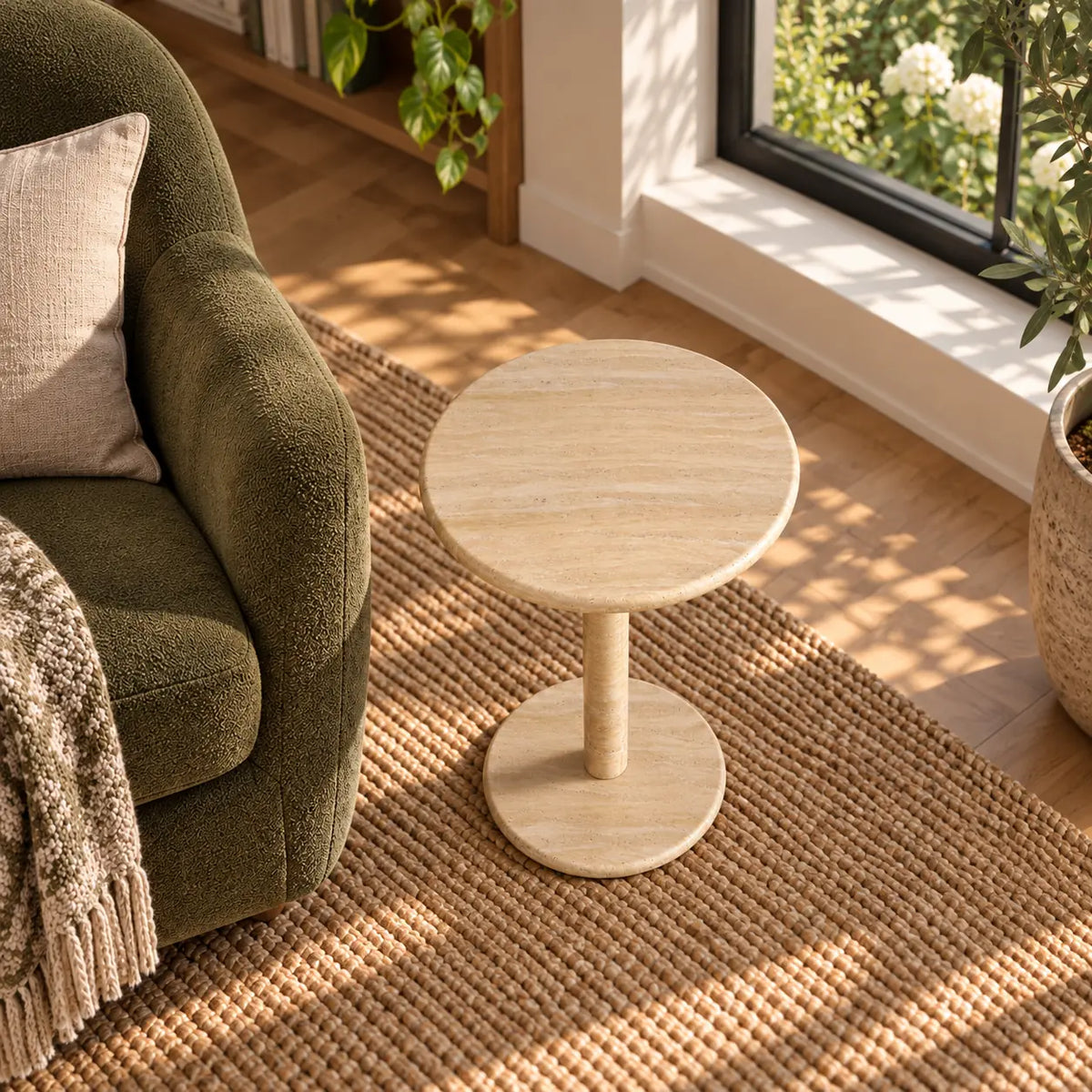 Elevated view of the RoundHaven travertine side table in a garden-window reading nook.