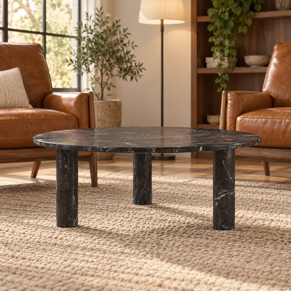 Low front view of the RoundHaven Spanish Dark Emperador marble coffee table in a leather-chair reading area, showing its thin circular top and three stone legs.