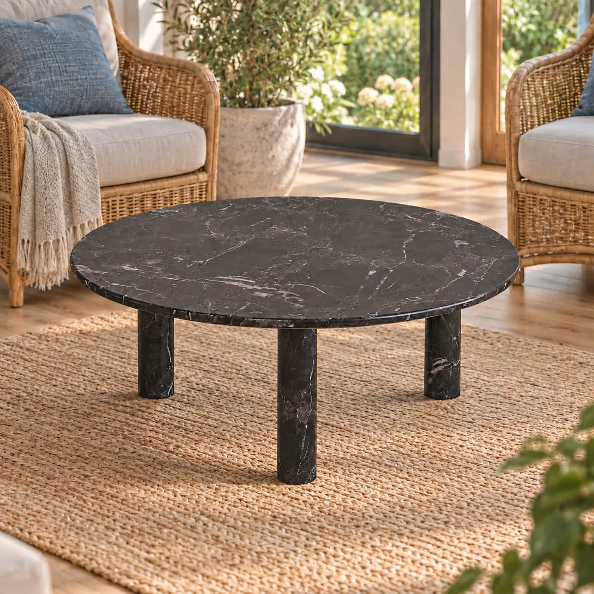 Elevated view of the RoundHaven Spanish Dark Emperador marble coffee table in a garden-view sunroom, showing its circular stone top and three cylindrical supports.