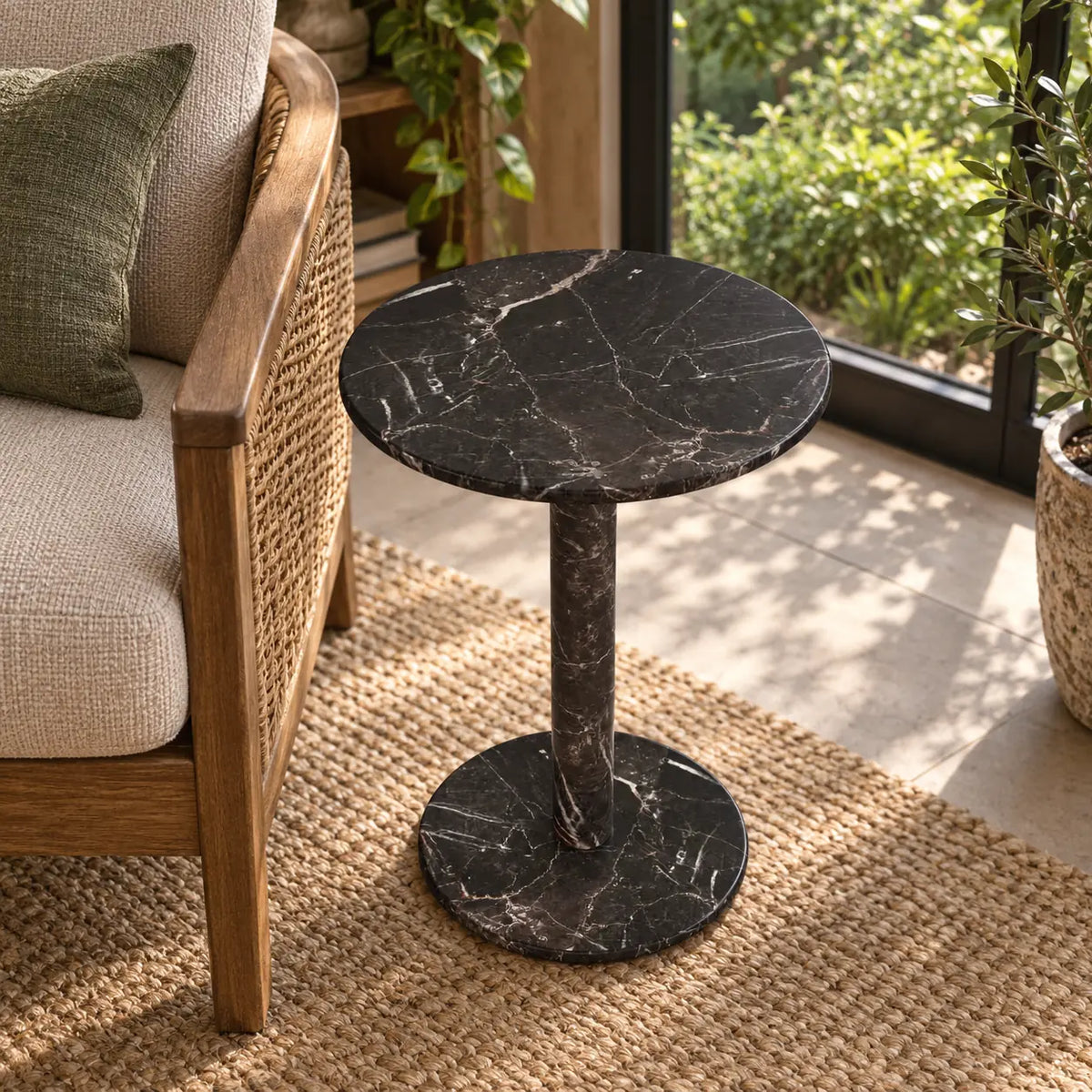 Elevated view of the RoundHaven Dark Emperador marble side table in a garden-window reading corner.