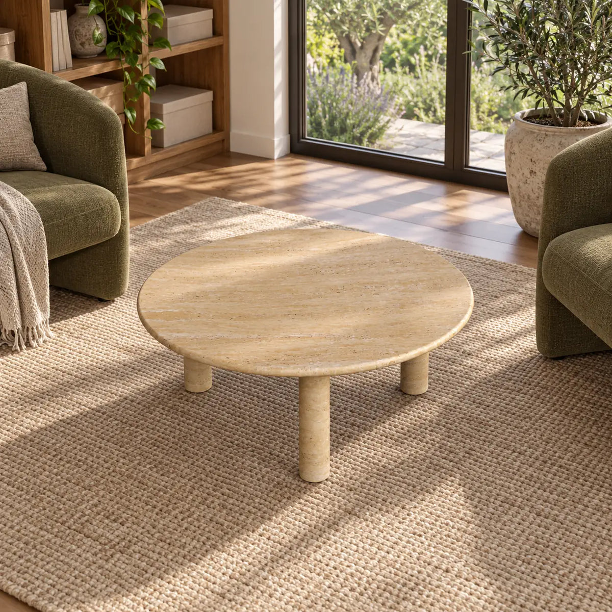 Elevated view of the RoundHaven travertine coffee table in a garden-facing reading room, with the circular top and three-legged form visible.