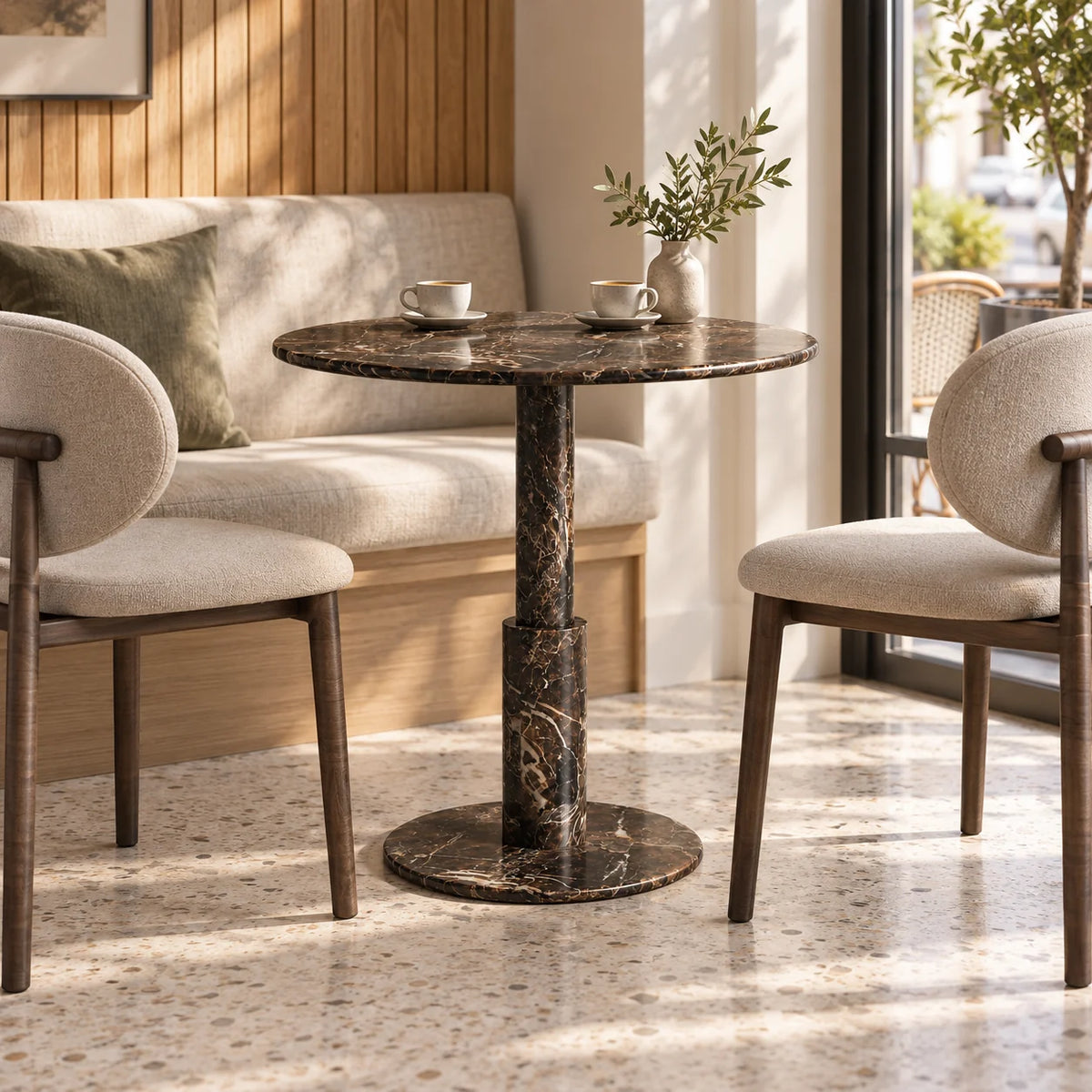 RoundTwin Elite Black marble dining table shown from a low front angle in a cafe breakfast nook, with a thin round top and stepped cylindrical pedestal.