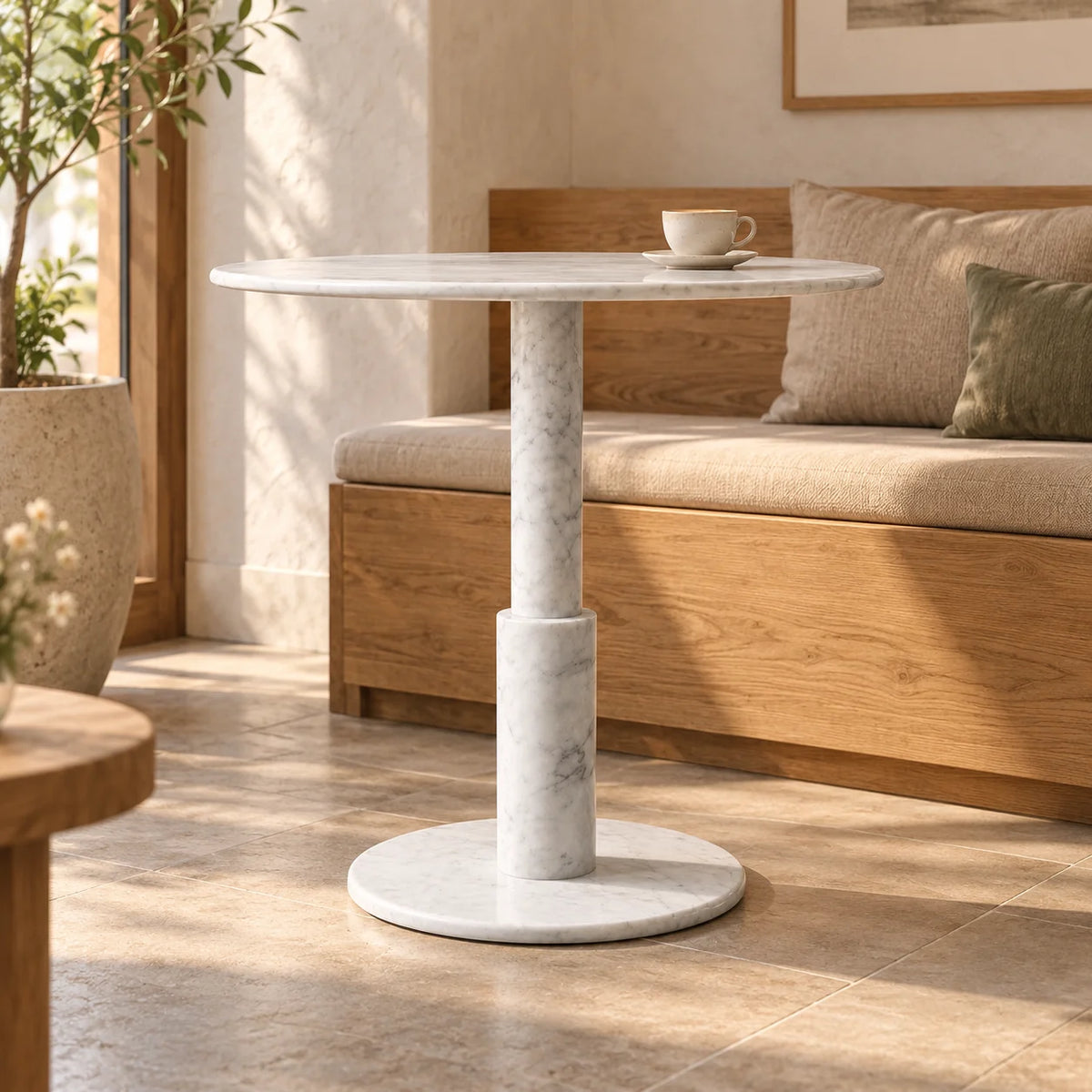 RoundTwin Elite Carrara white marble dining table at a low frontal angle in an oak banquette café nook, showing the thin round top and two-stage pedestal