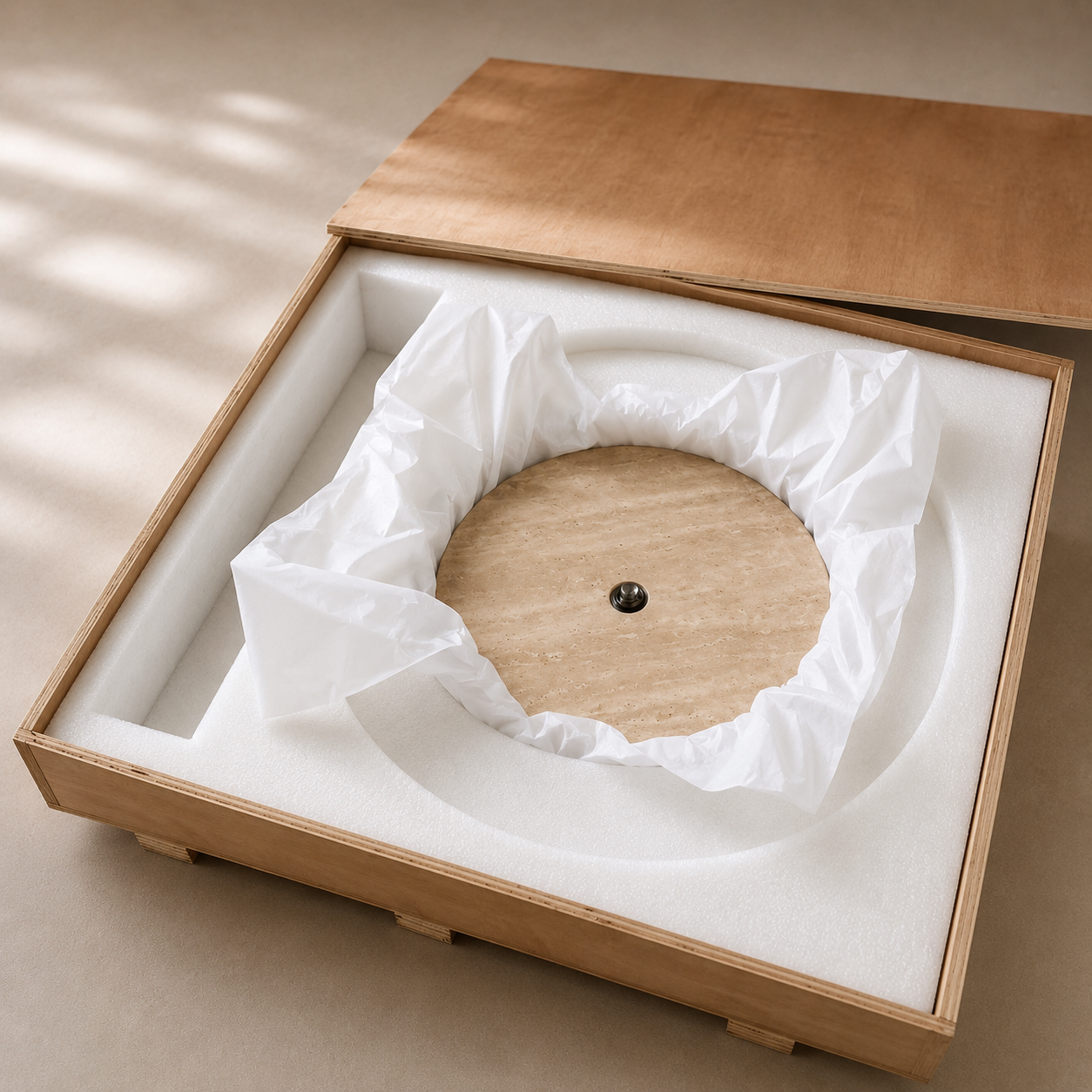 RoundTwin Elite travertine dining table tabletop protected in wooden crate for shipping