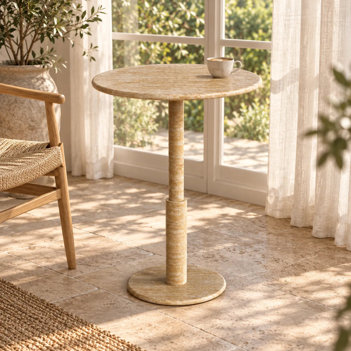 RoundTwin Small Travertine Dining Table beside a garden-facing sunroom window, moderately elevated view of the round beige stone top, slender stepped stem and circular base