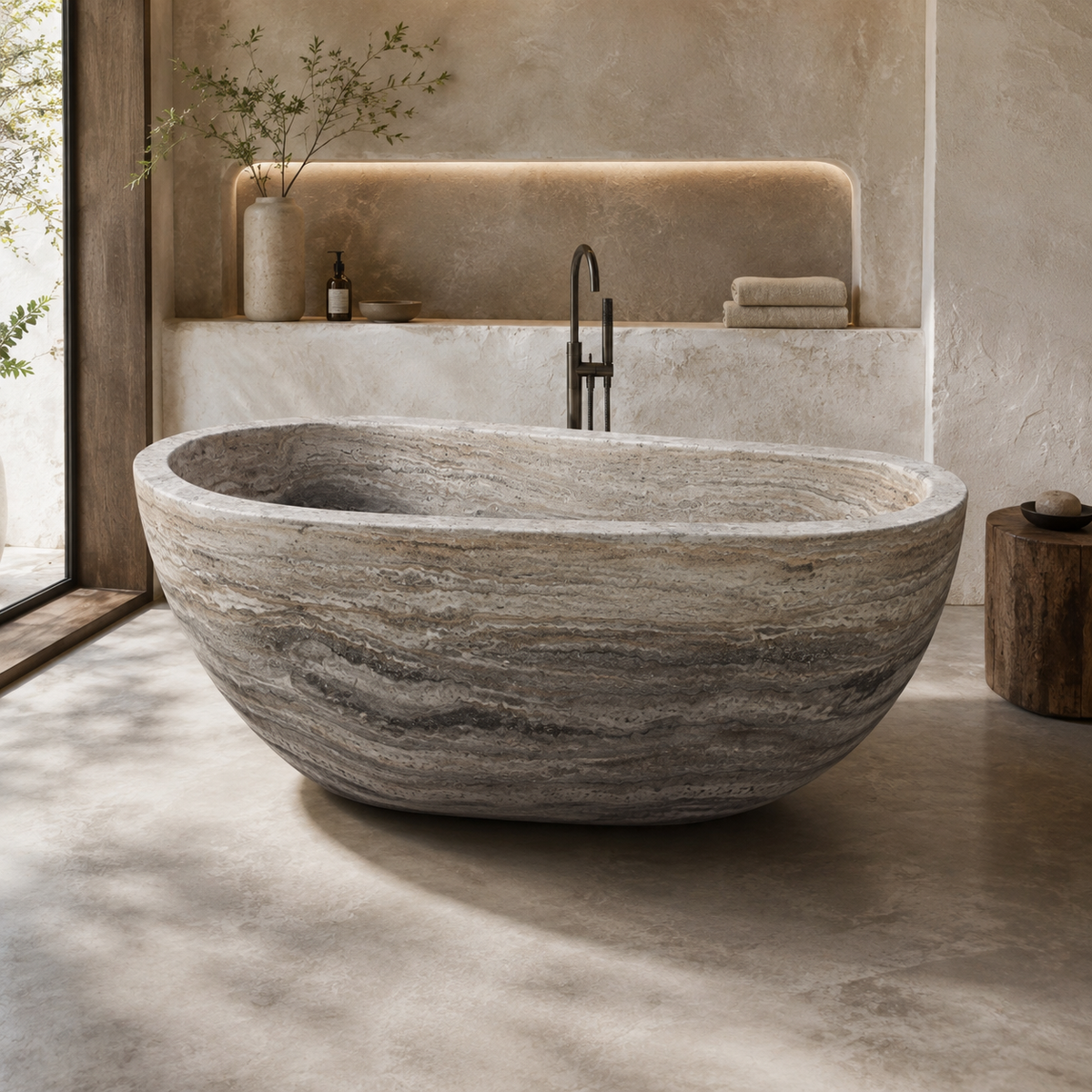 Rovena BT-118A Roman Silver Travertine freestanding soaking bathtub in a warm architectural spa bathroom, hero lifestyle view