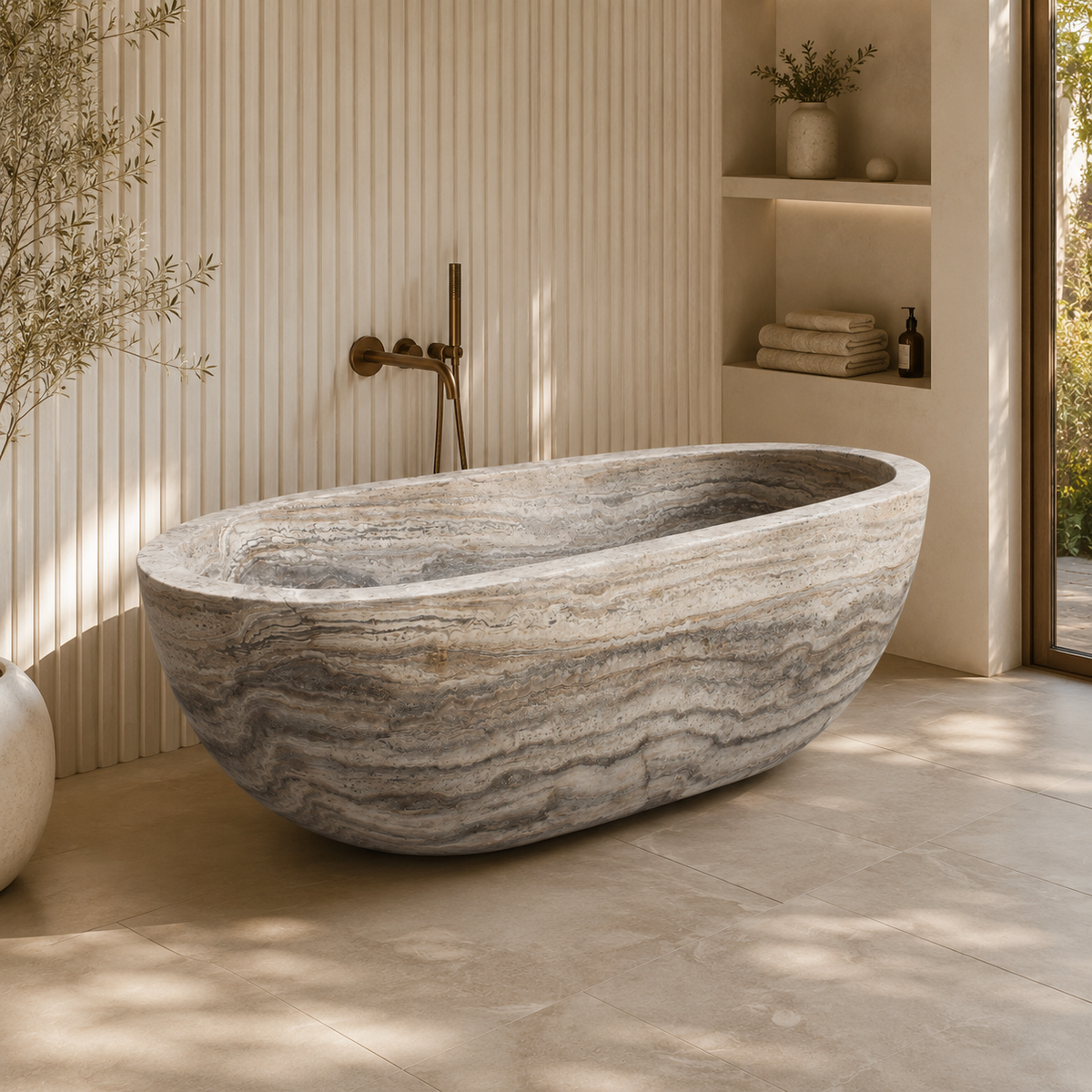 Rovena BT-118A Roman Silver Travertine freestanding soaking bathtub in a soft fluted-wall spa and wellness bathroom, side three-quarter lifestyle view