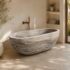 Rovena BT-118A Roman Silver Travertine freestanding soaking bathtub in a soft fluted-wall spa and wellness bathroom, side three-quarter lifestyle view