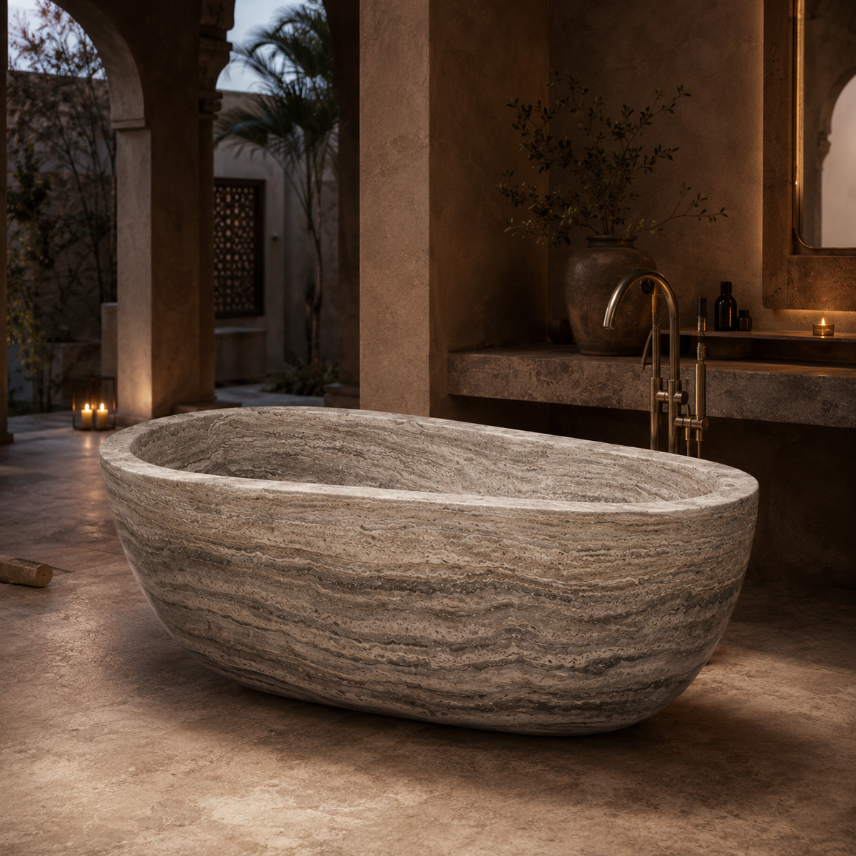 Rovena BT-118A Roman Silver Travertine freestanding soaking bathtub in a darker warm-stone boutique-hotel courtyard bathroom, third lifestyle view