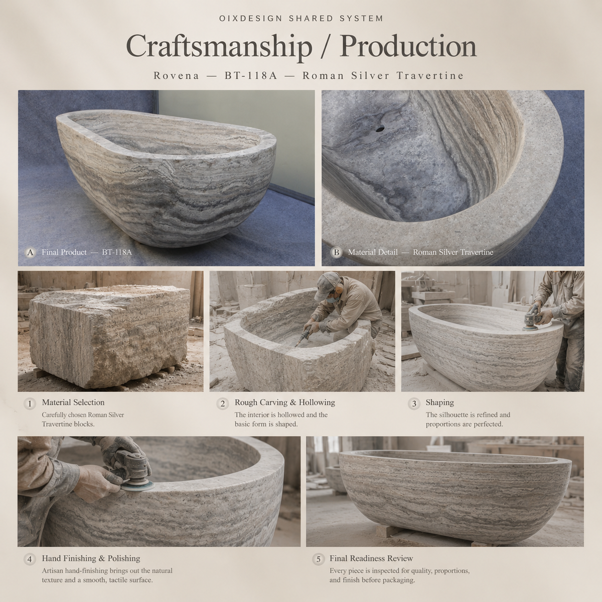 Rovena Asymmetric Oval Freestanding Soaking Bathtub – Roman Silver Travertine — original representative craftsmanship and production reference.
