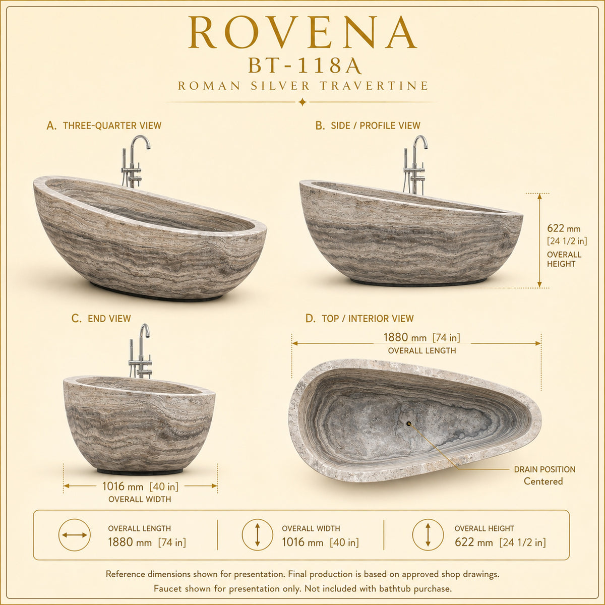 Rovena Asymmetric Oval Freestanding Soaking Bathtub – Roman Silver Travertine premium reference dimension slide using the exact supplied drawing and product view; measurements retained unchanged