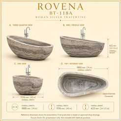 Rovena Asymmetric Oval Freestanding Soaking Bathtub – Roman Silver Travertine premium reference dimension slide using the exact supplied drawing and product view; measurements retained unchanged