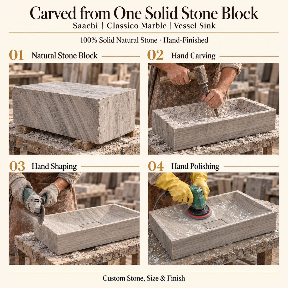 Saachi Classico Marble Vessel Sink carved from one solid stone block, showing manual hammer-and-chisel carving, hand shaping and hand polishing; custom stone, size and finish.