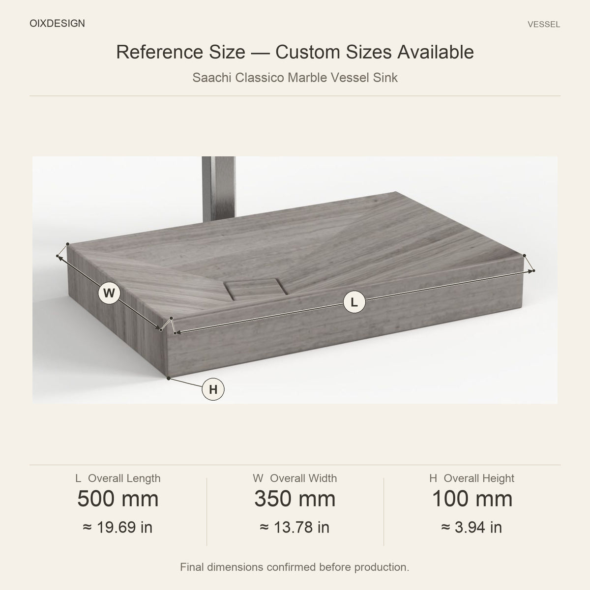 Saachi Classico Marble Vessel Sink reference overall dimensions in millimeters and inches