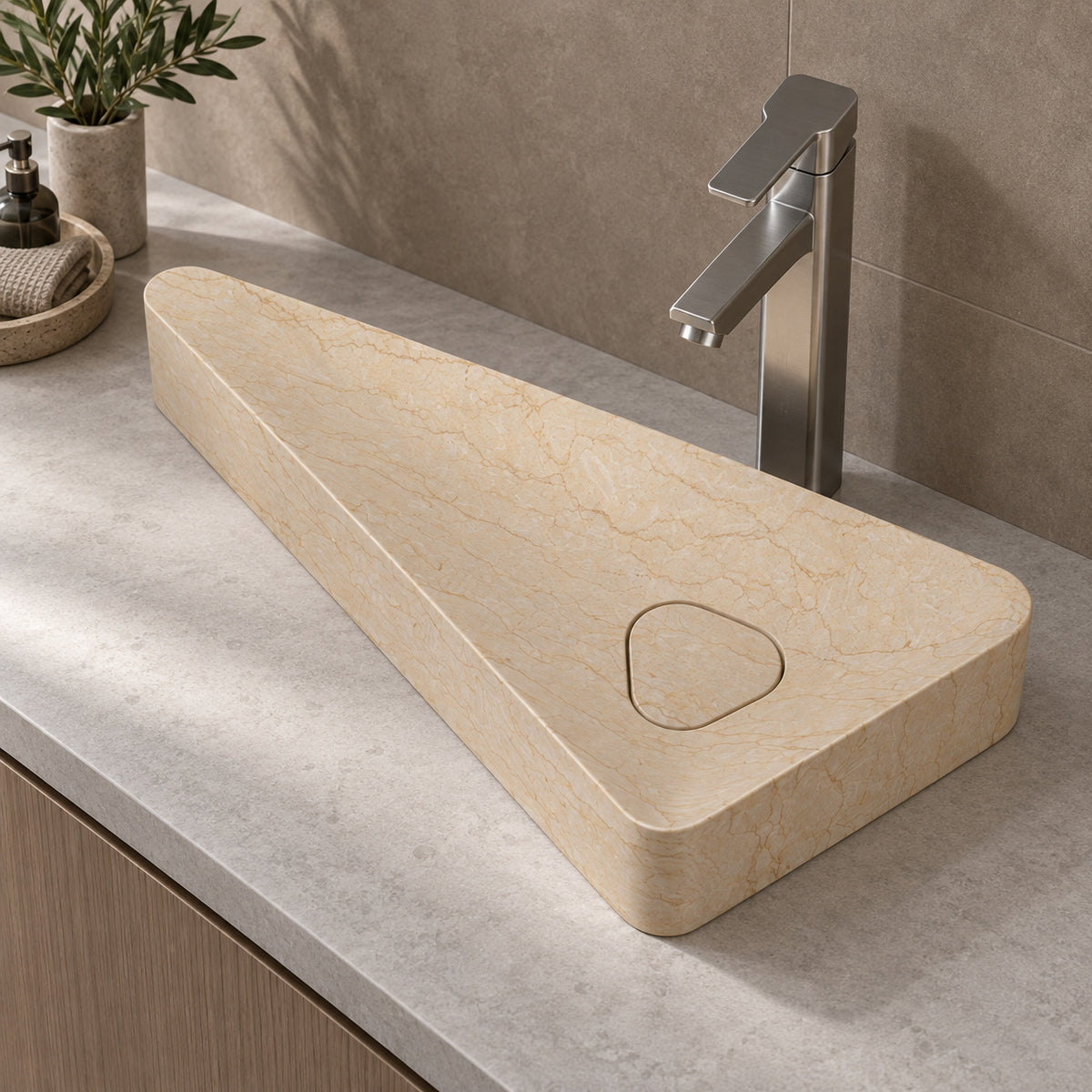 Illustrative pale countertop setting showing the Sabala triangular rim and sloping interior