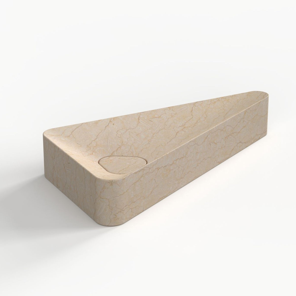Angled profile of the Sabala triangular Crema marble basin with rounded corners