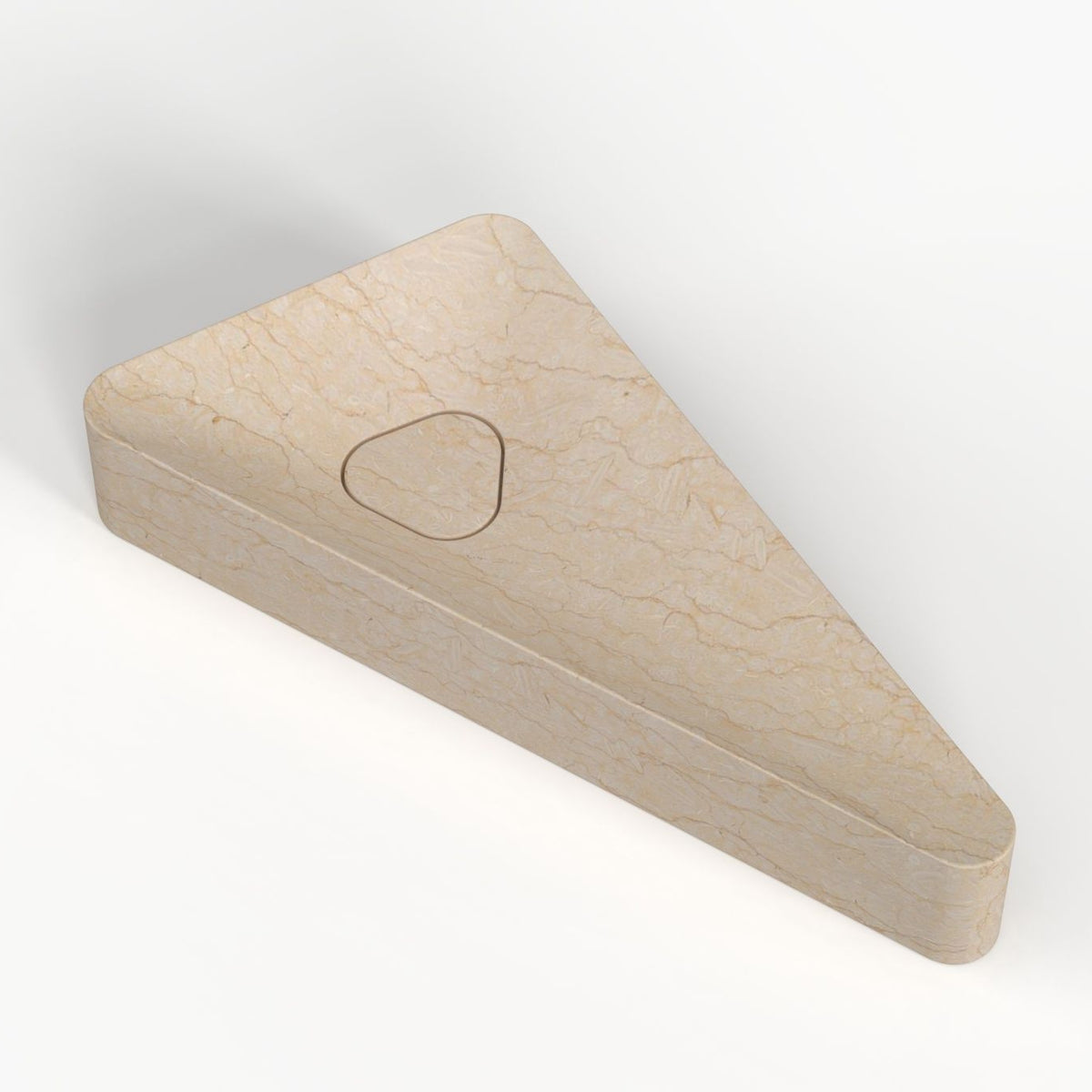 Oblique view of the Sabala Crema marble interior and rounded triangular drain cover