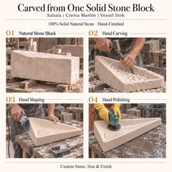 Sabala Crema Marble Vessel Sink carved from one solid stone block, showing manual hammer-and-chisel carving, hand shaping and hand polishing; custom stone, size and finish.