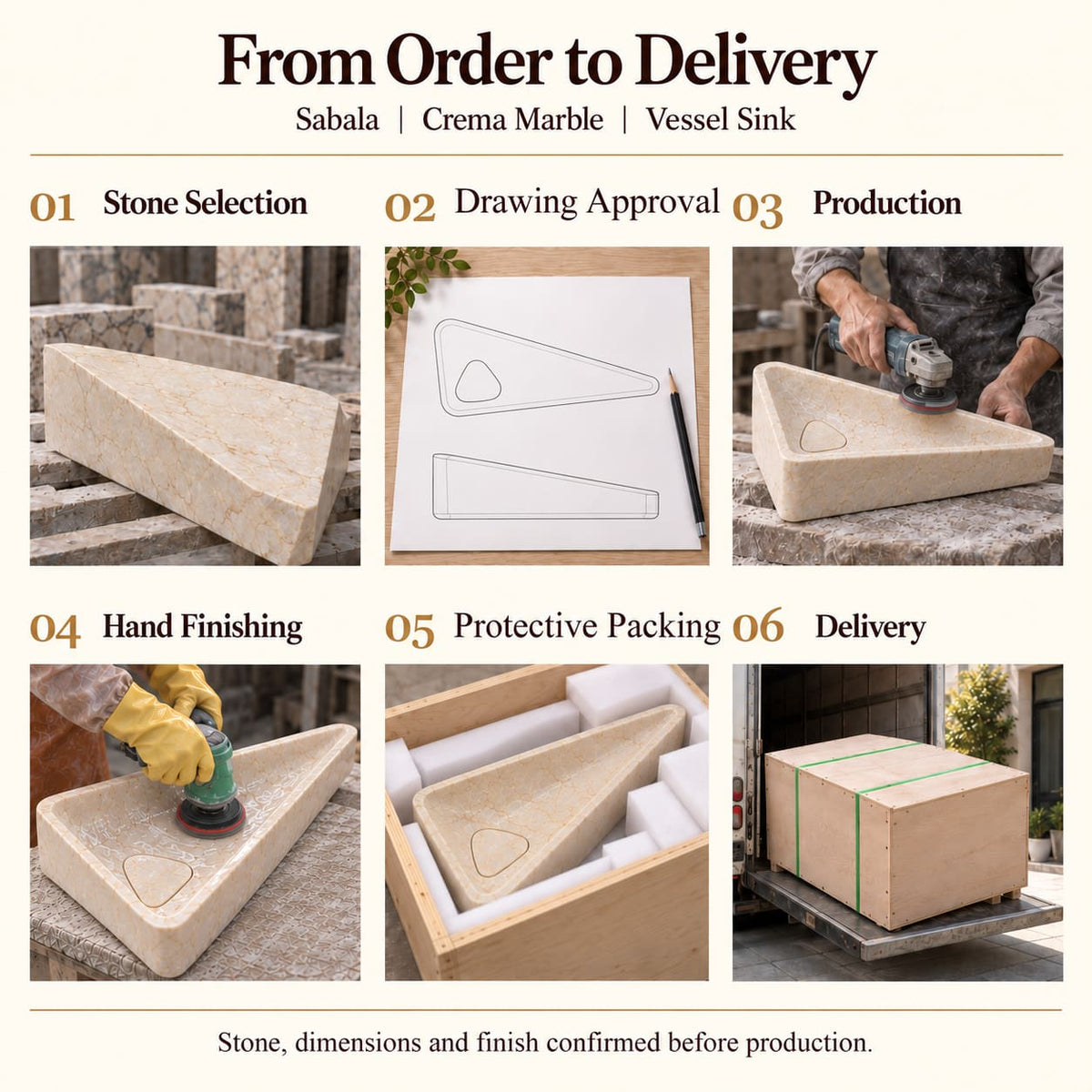 Sabala Crema Marble Vessel Sink from order to delivery: material selection, drawing approval, production, hand finishing, protective foam packing in a plywood crate and delivery; specifications confirmed before production.