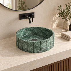 Sabela Tofino Marble Vessel Sink — three-quarter bathroom lifestyle