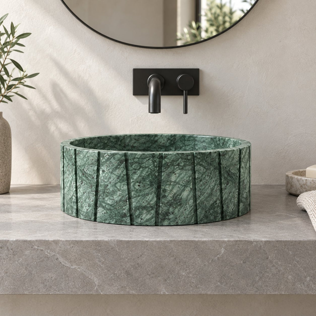 Sabela Tofino Marble Vessel Sink — low frontal bathroom lifestyle