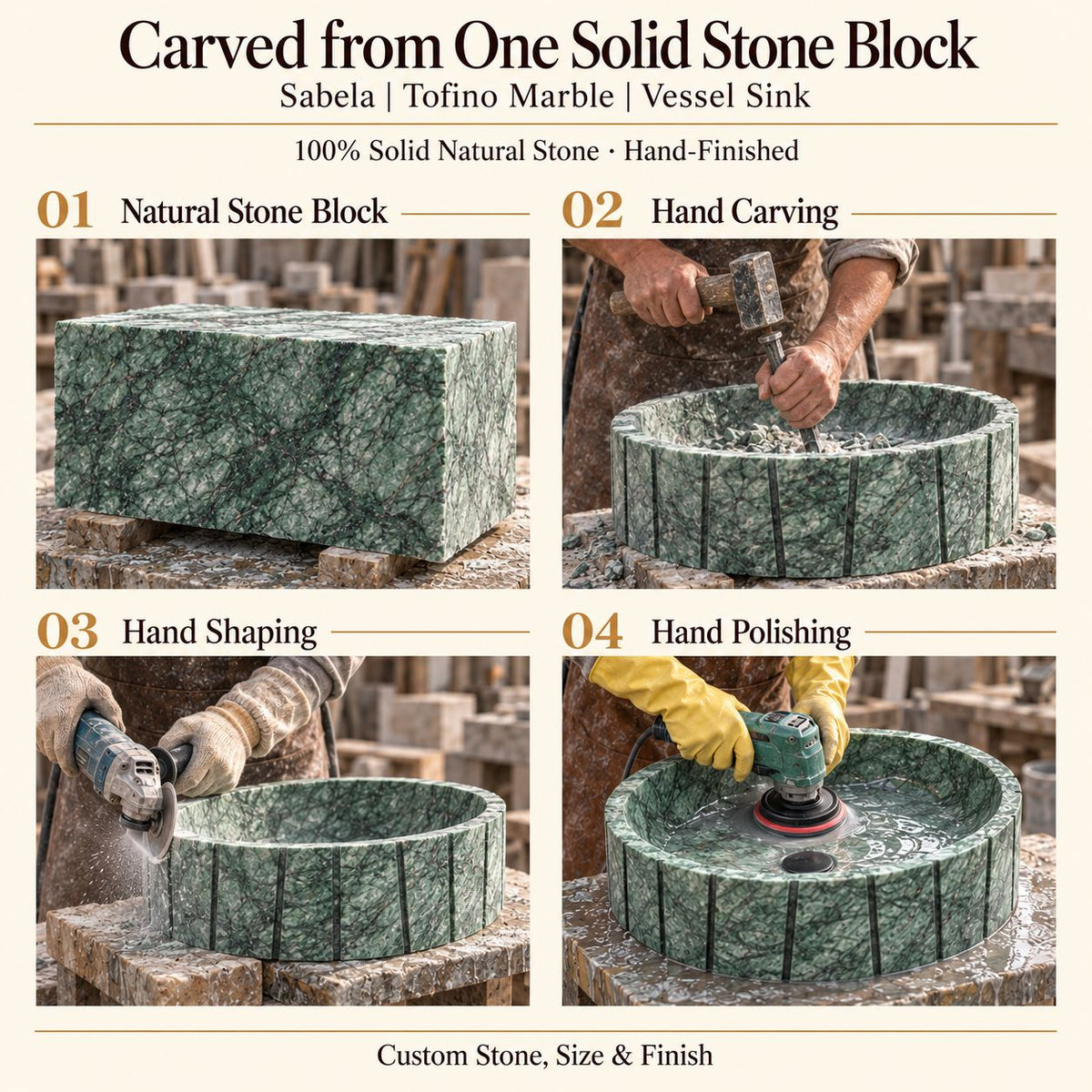 Sabela Tofino Marble Vessel Sink carved from one solid stone block, showing manual hammer-and-chisel carving, hand shaping and hand polishing; custom stone, size and finish.