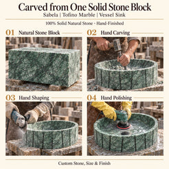 Sabela Tofino Marble Vessel Sink carved from one solid stone block, showing manual hammer-and-chisel carving, hand shaping and hand polishing; custom stone, size and finish.