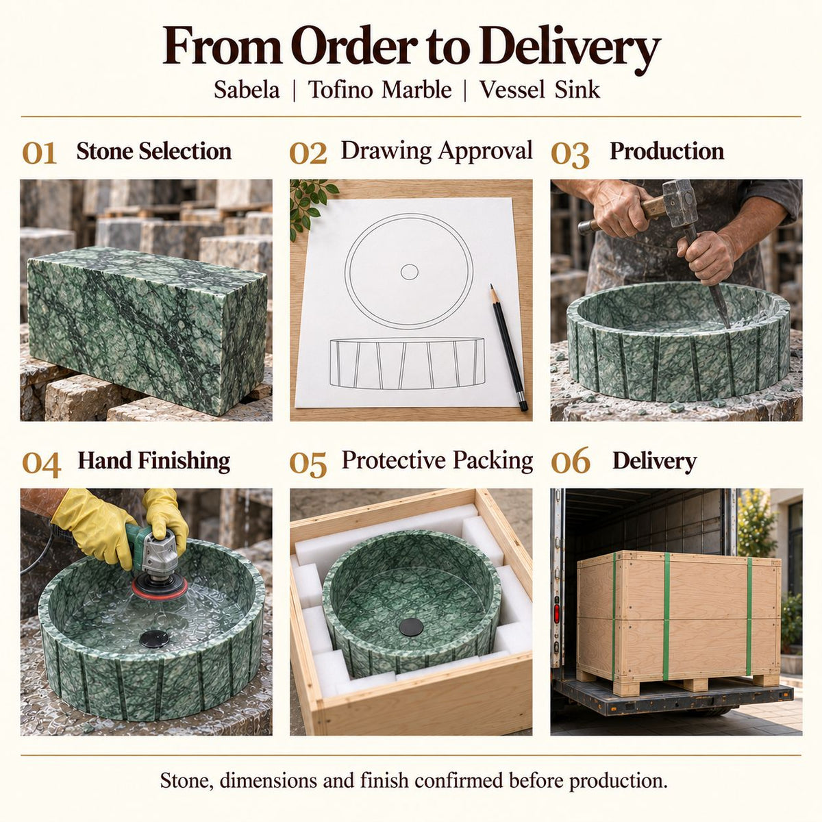 Sabela Tofino Marble Vessel Sink from order to delivery: material selection, drawing approval, production, hand finishing, protective foam packing in a plywood crate and delivery; specifications confirmed before production.