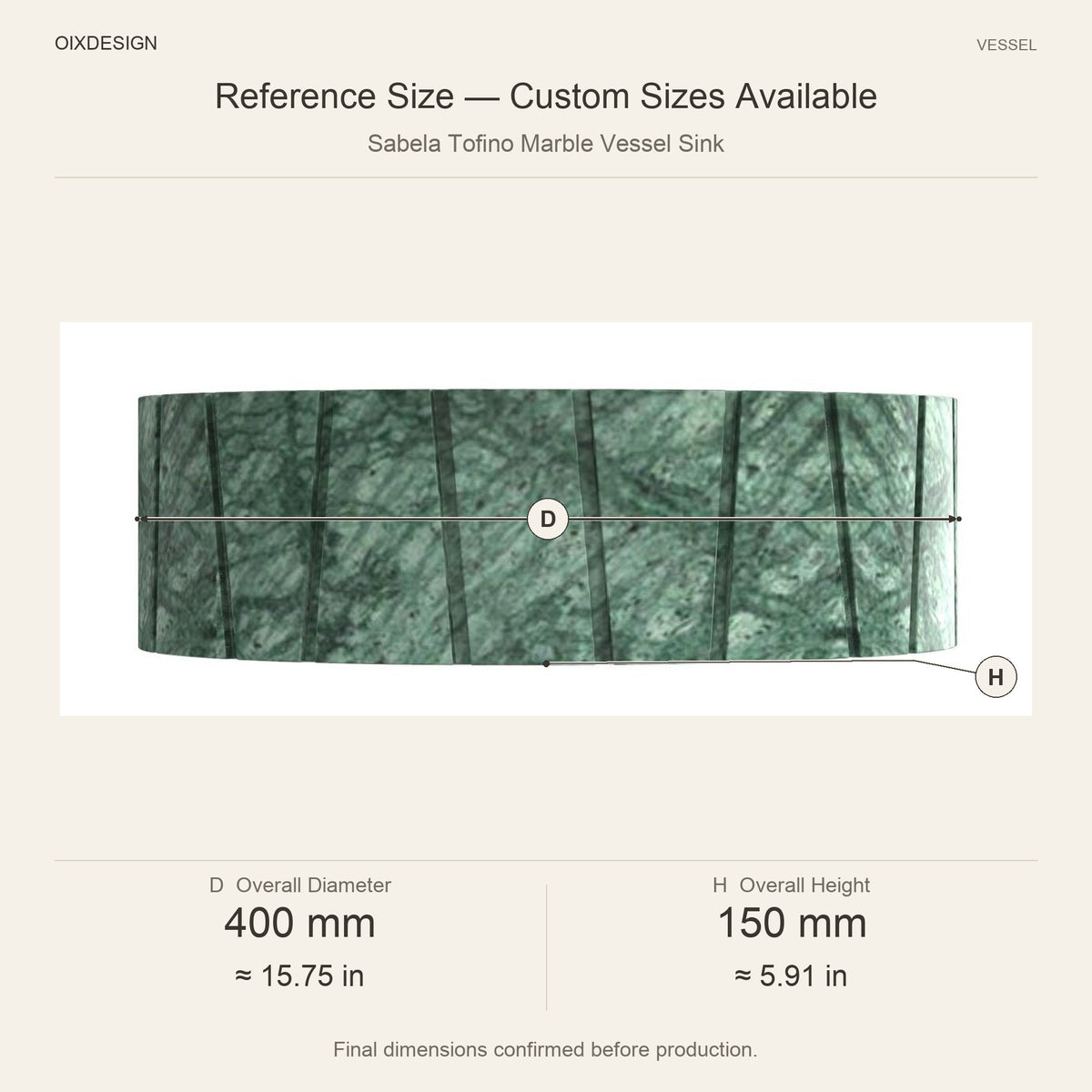 Sabela Tofino Marble Vessel Sink reference overall dimensions in millimeters and inches