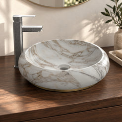 Illustrative walnut vanity setting showing the curved Sabino marble bowl and contrasting base detail