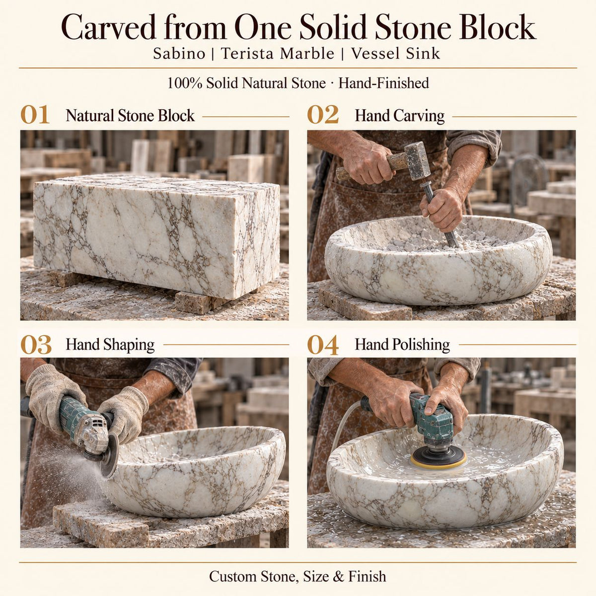 Sabino Terista Marble Vessel Sink carved from one solid stone block, showing manual hammer-and-chisel carving, hand shaping and hand polishing; custom stone, size and finish.